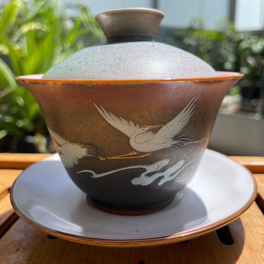 White Crane patterned porcelain teacup