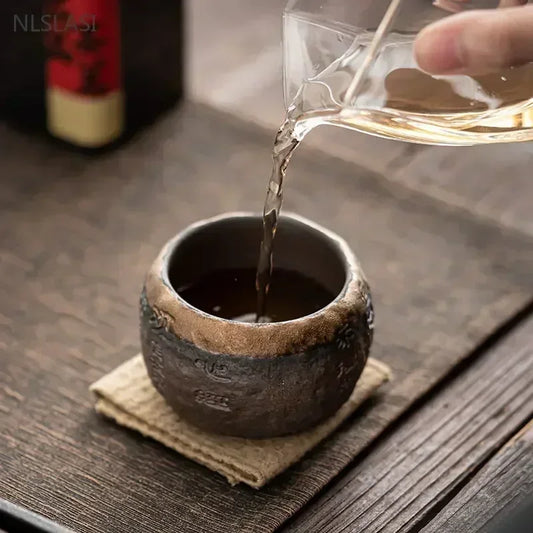 Ancient pottery style tea cups with Heart Sutra inscription